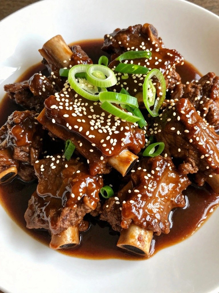 Glazed ribs in dark sauce, topped with sesame seeds and green onions.