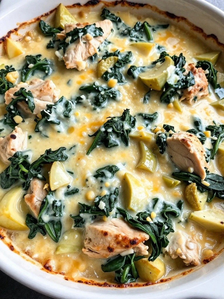 Creamy chicken and spinach stew with potatoes in a white bowl.