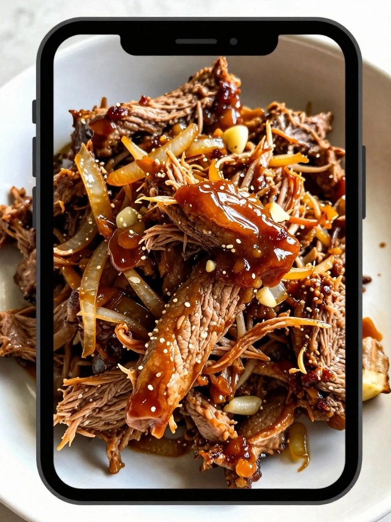 Shredded beef with onions and sesame seeds on a plate.