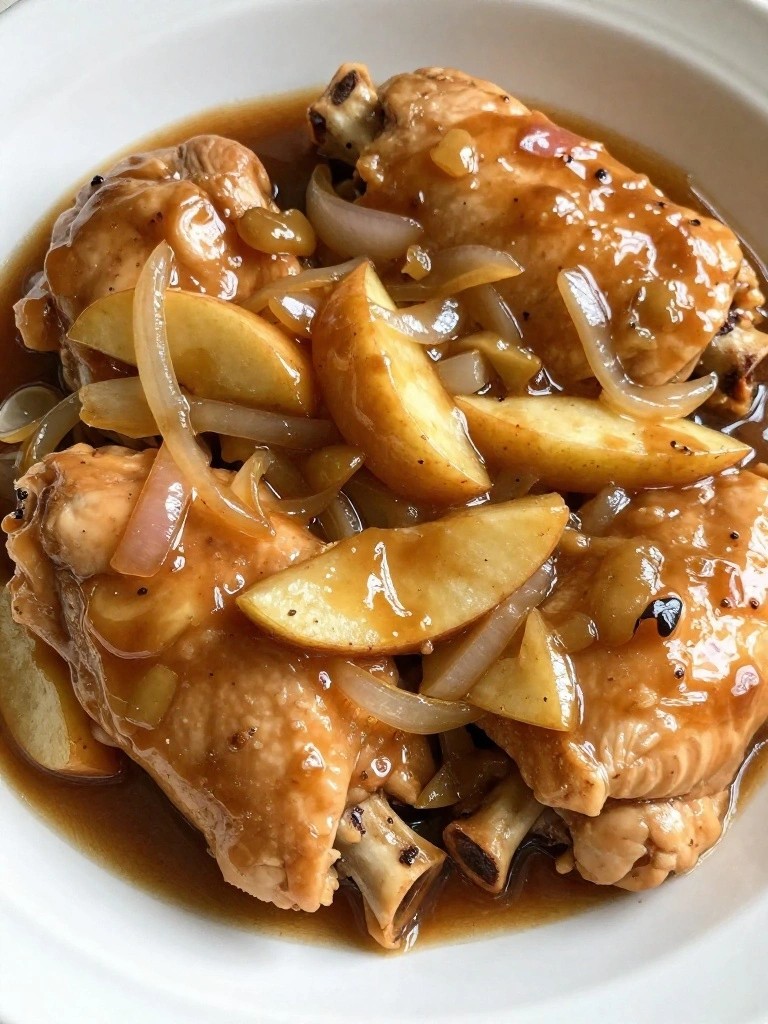 Chicken drumsticks and thighs in glossy brown sauce with apple slices and onions.