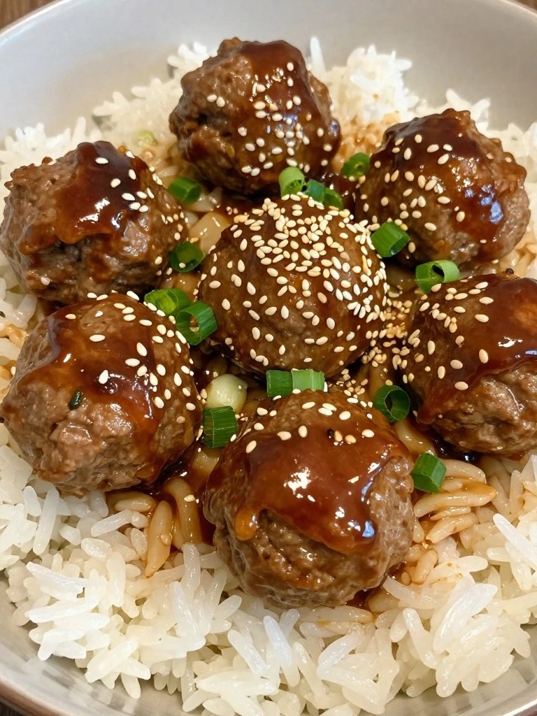 Meatballs in glossy sauce with sesame seeds and green onions over rice.