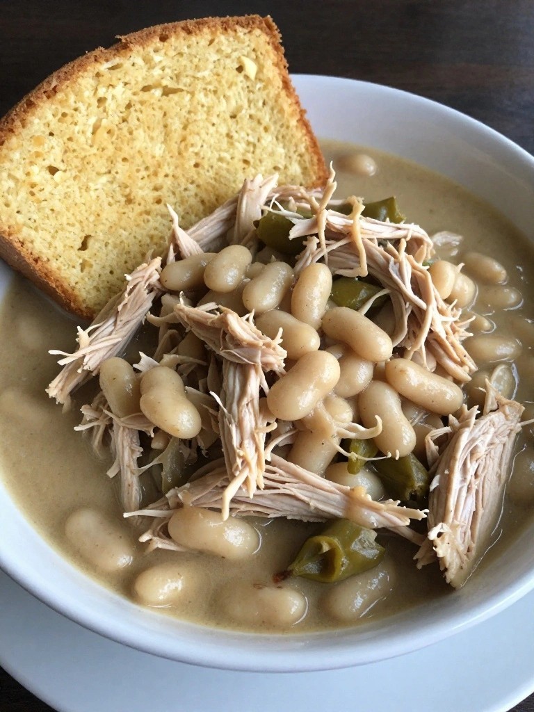 Bowl of white bean chicken soup with cornbread slice.