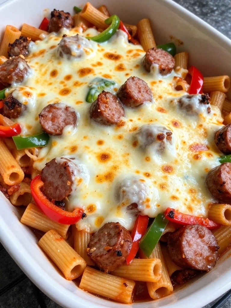 Baked rigatoni pasta with melted cheese, sausage slices, and peppers.
