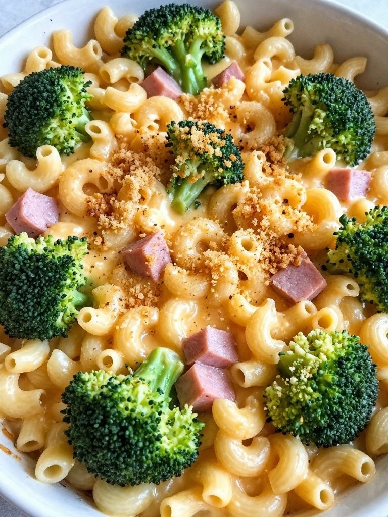 Creamy macaroni with broccoli florets and ham cubes, topped with golden breadcrumbs.
