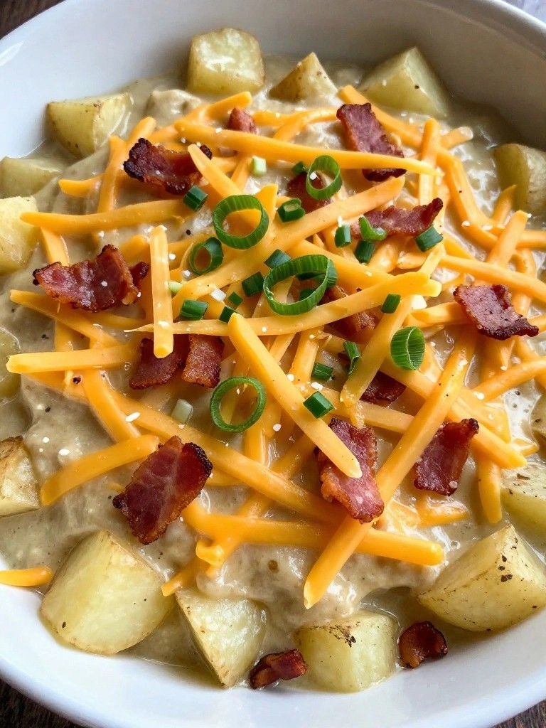 Creamy potato soup topped with melted cheese, bacon bits, and green onions.