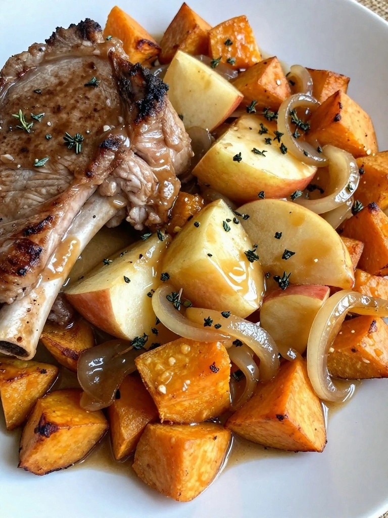 Glazed pork chop with roasted sweet potatoes and apples.