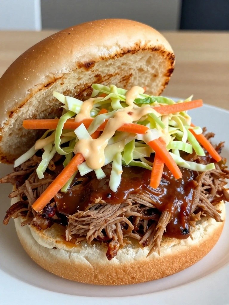 Pulled pork sandwich topped with slaw and orange sauce on a bun.