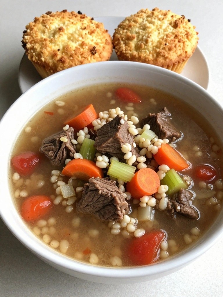 Bowl of beef barley vegetable soup with two muffins behind.