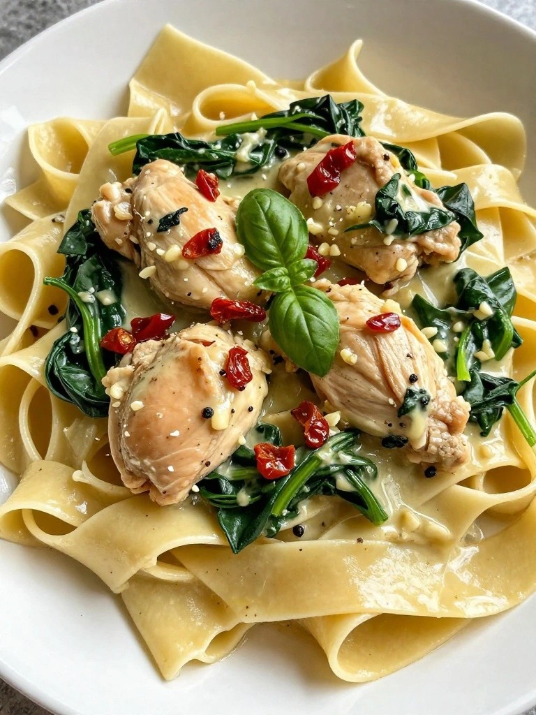Creamy chicken pasta with spinach, basil, and red pepper flakes.