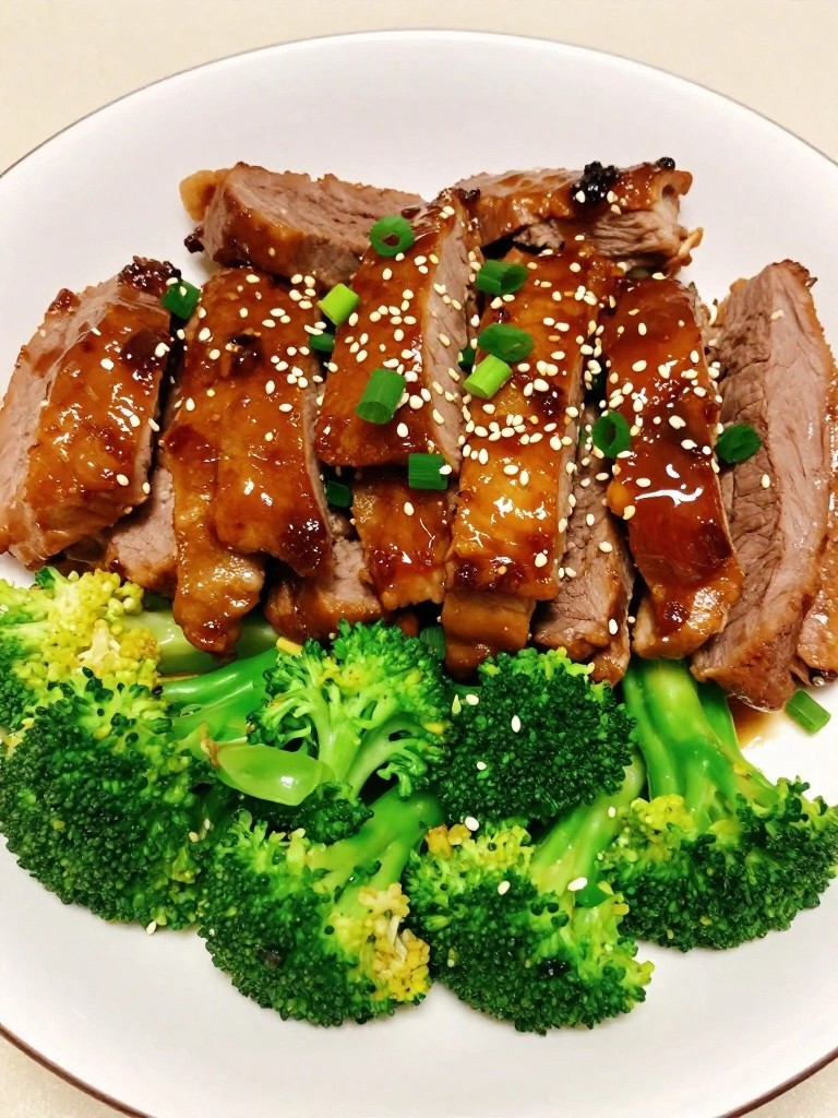 Sliced glazed meat with sesame seeds and broccoli on a white plate.