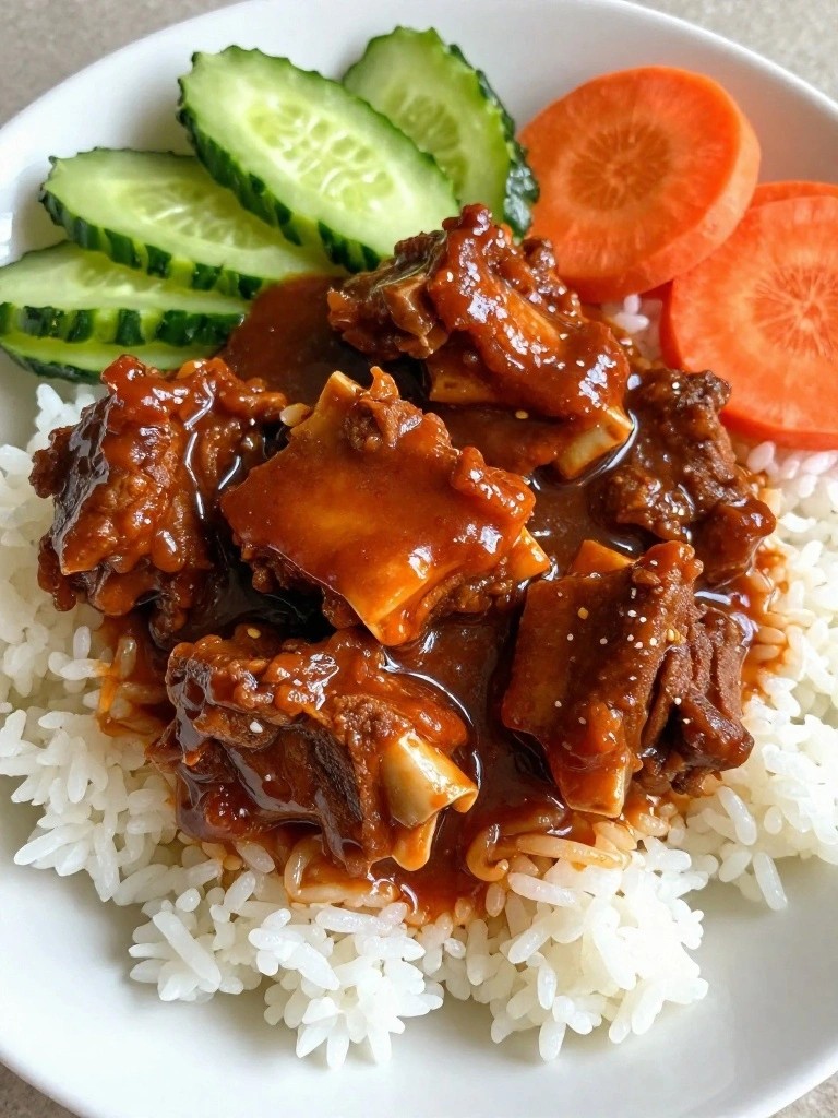 Braised pork ribs in sauce over white rice with cucumber and carrot slices.