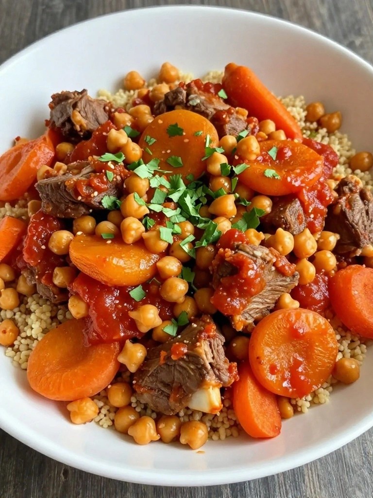 Stewed lamb, chickpeas, and carrots over couscous, garnished with herbs.