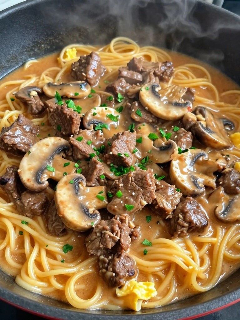 Steaming beef and mushroom noodles in creamy sauce with herbs.