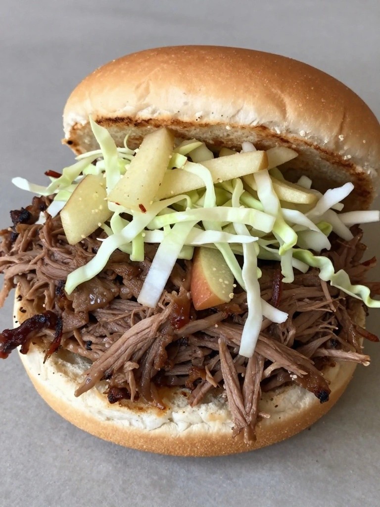 Pulled pork sandwich topped with shredded cabbage and apple slices.