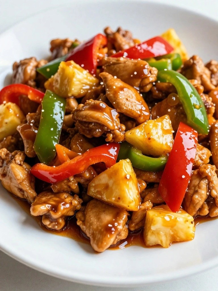 Sweet and sour chicken stir-fry with pineapple and colorful bell peppers.