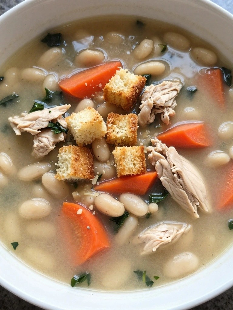 Bowl of chicken soup with white beans, carrots, and croutons.