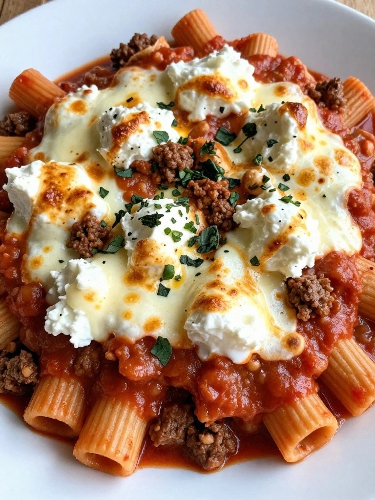 Baked rigatoni with meat sauce, melted cheese, and fresh herbs.