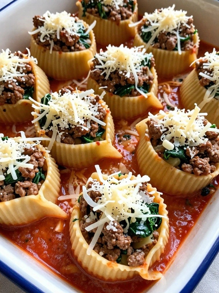 Stuffed pasta shells with ground meat, spinach, and cheese in tomato sauce.