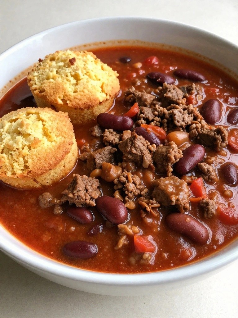 Bowl of chili with cornbread, beans, and ground meat.