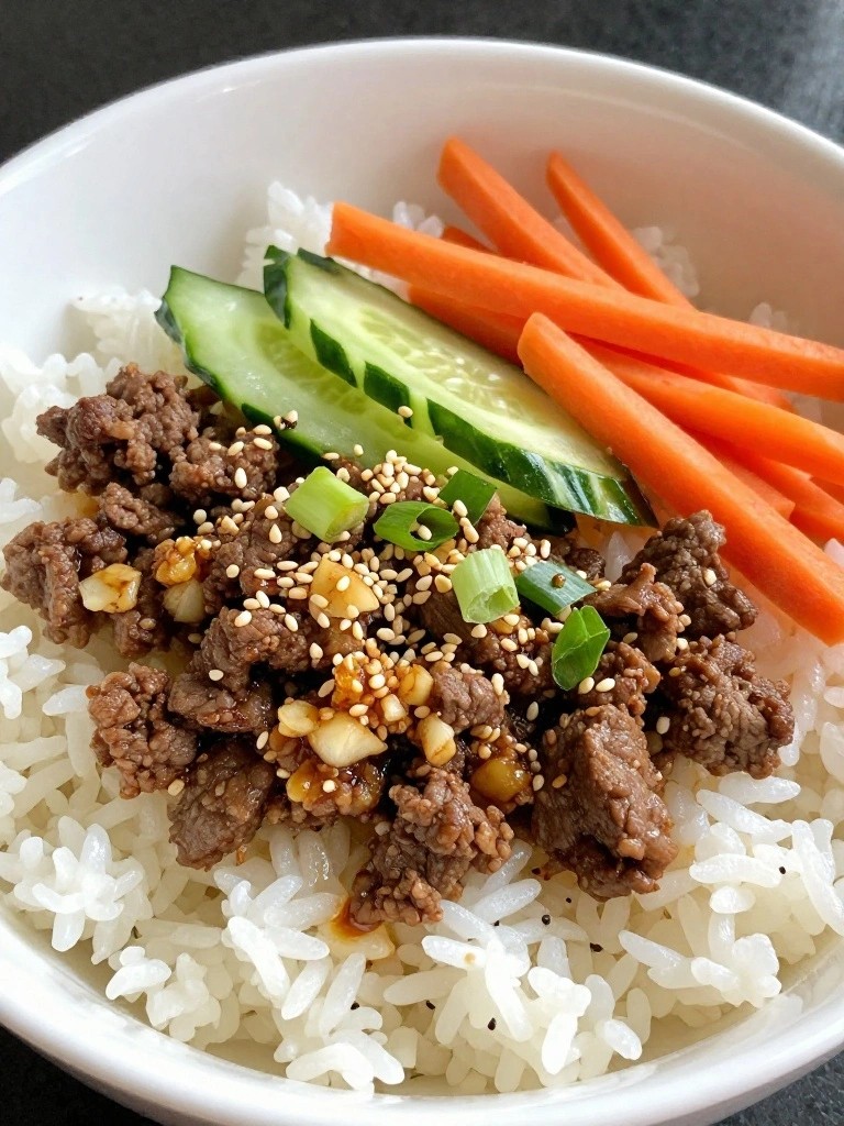 Bowl of rice topped with beef, cucumber, carrot, and sesame.
