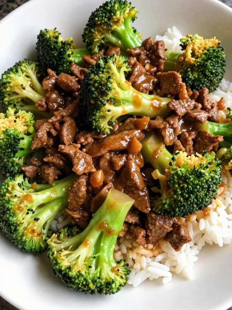 Beef and broccoli stir-fry over white rice in a bowl.