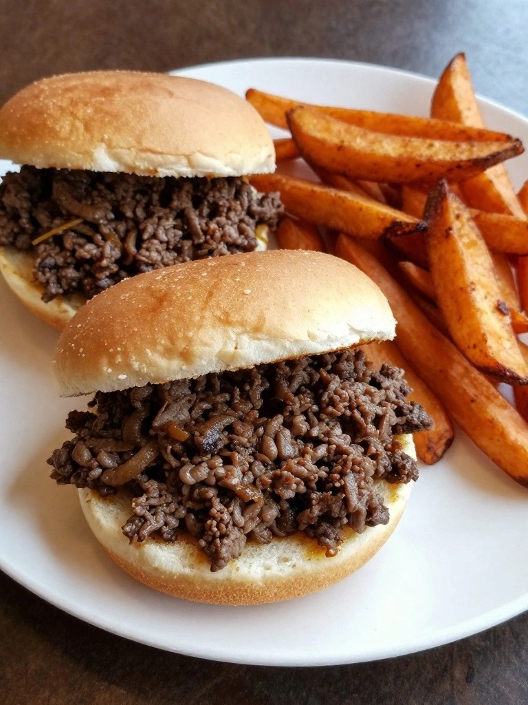 Two sloppy joes with sweet potato fries on a white plate.