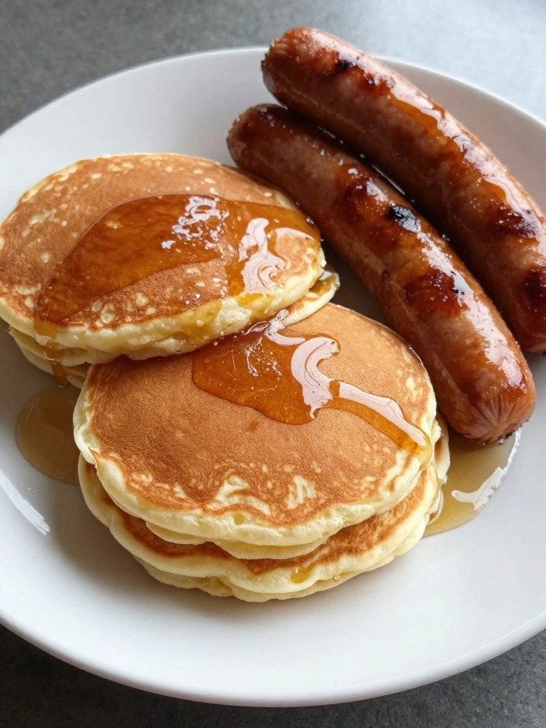 Buttermilk Pancakes with Sausage and Maple Syrup