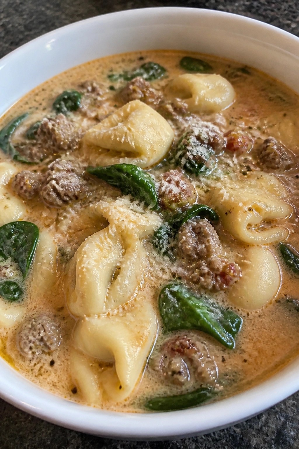 Creamy Italian Sausage Tortellini Soup with Spinach