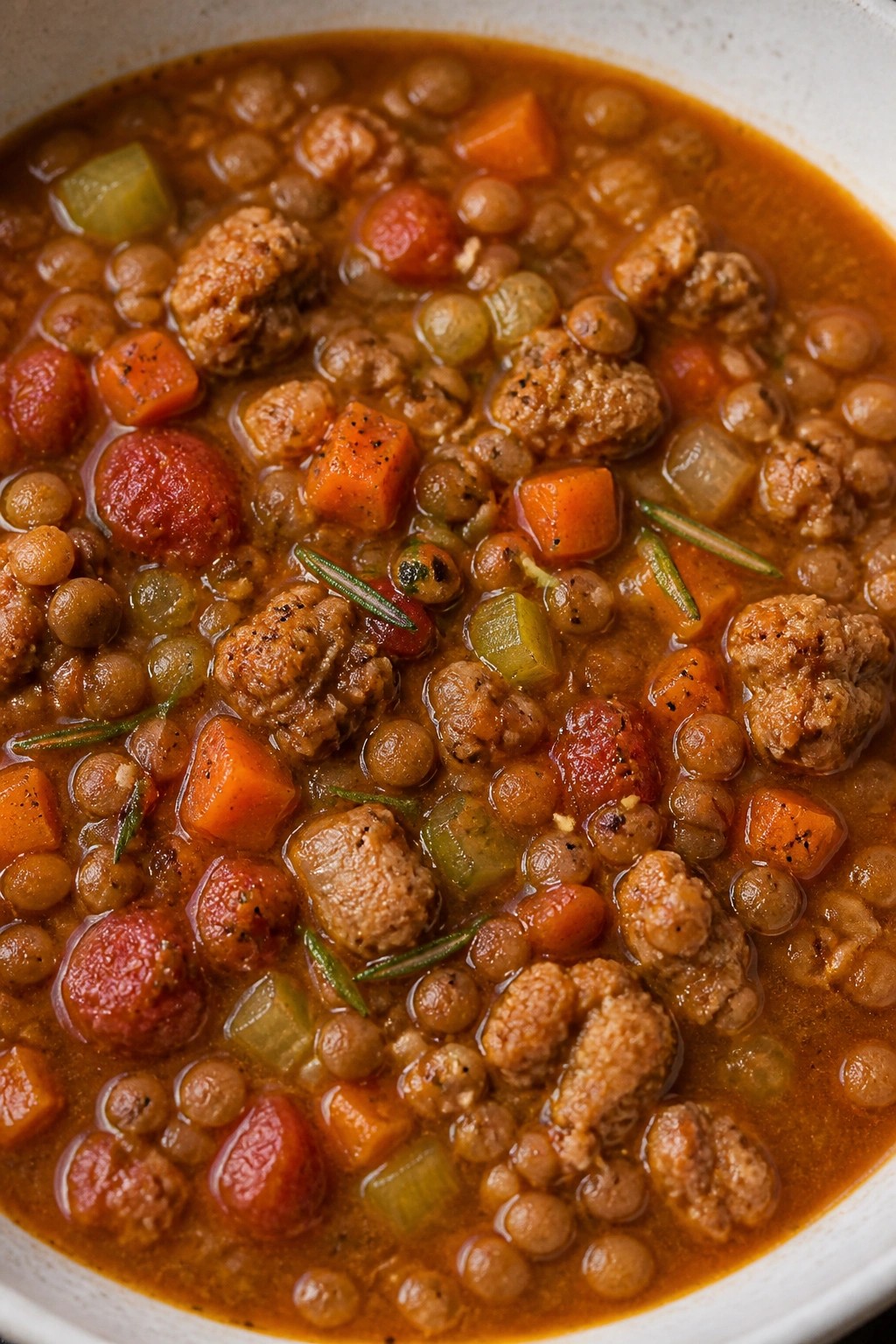 Hearty Italian Sausage Lentil Soup with Rosemary and Tomatoes