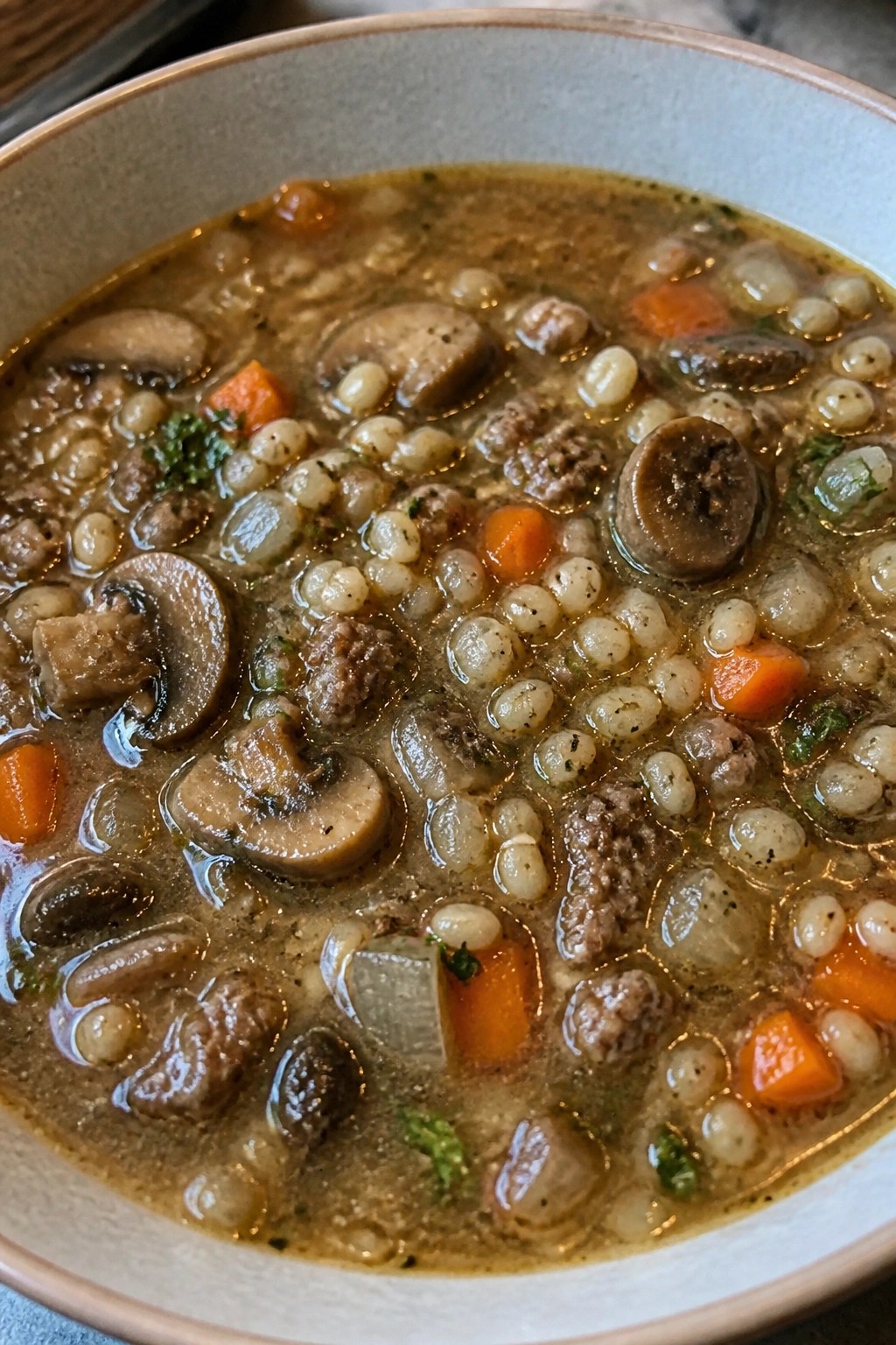 Slow Cooker Italian Sausage Mushroom Barley Soup