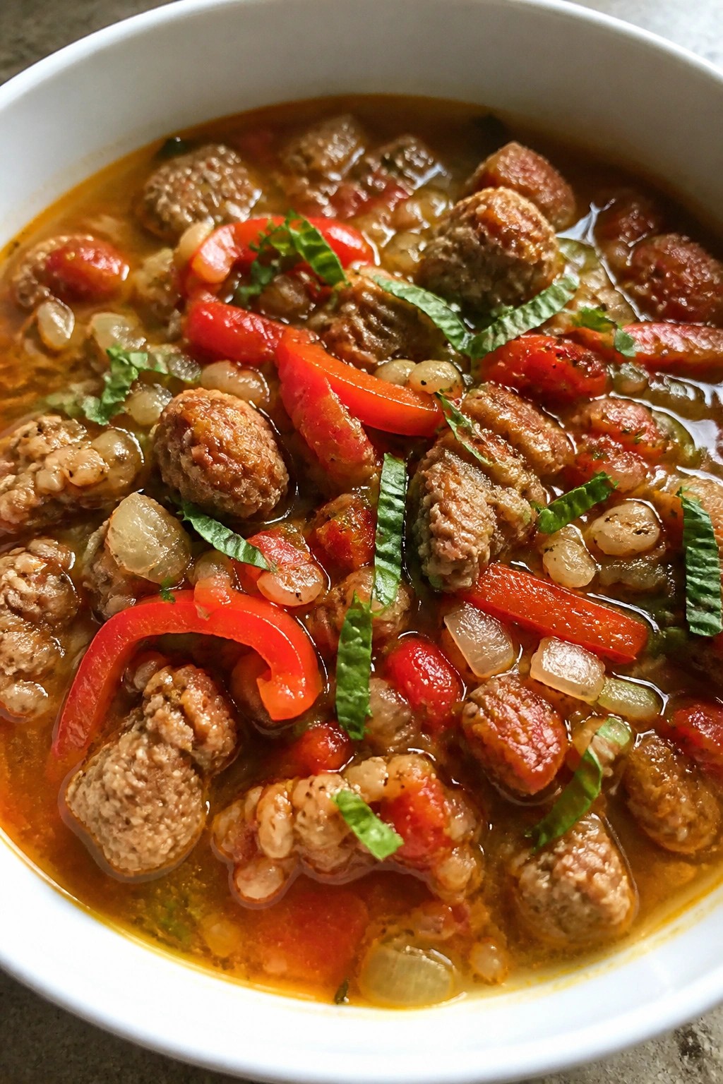 Spicy Italian Sausage Roasted Pepper and Farro Soup