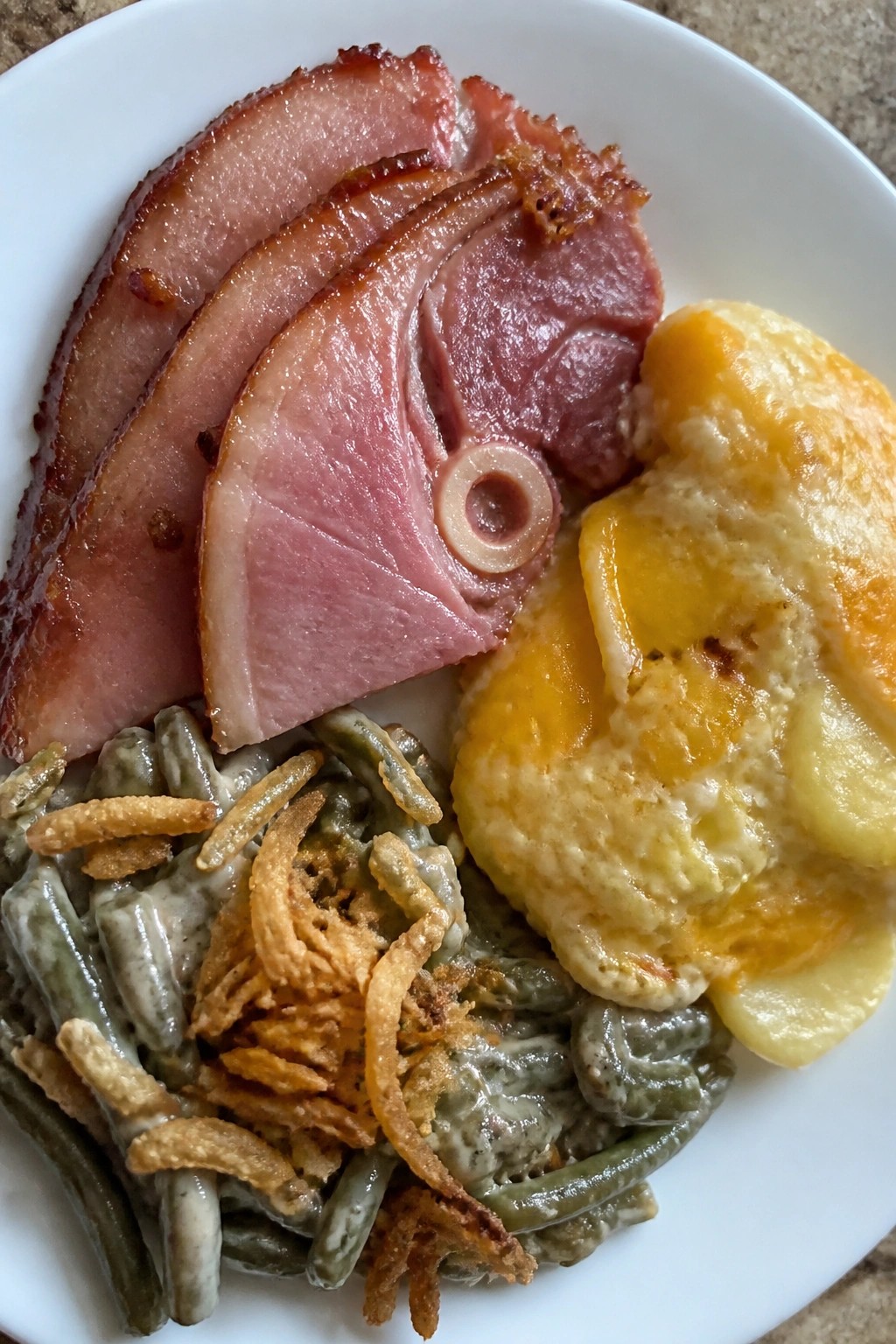 Baked Honey-Glazed Ham with Scalloped Potatoes and Green Bean Casserole