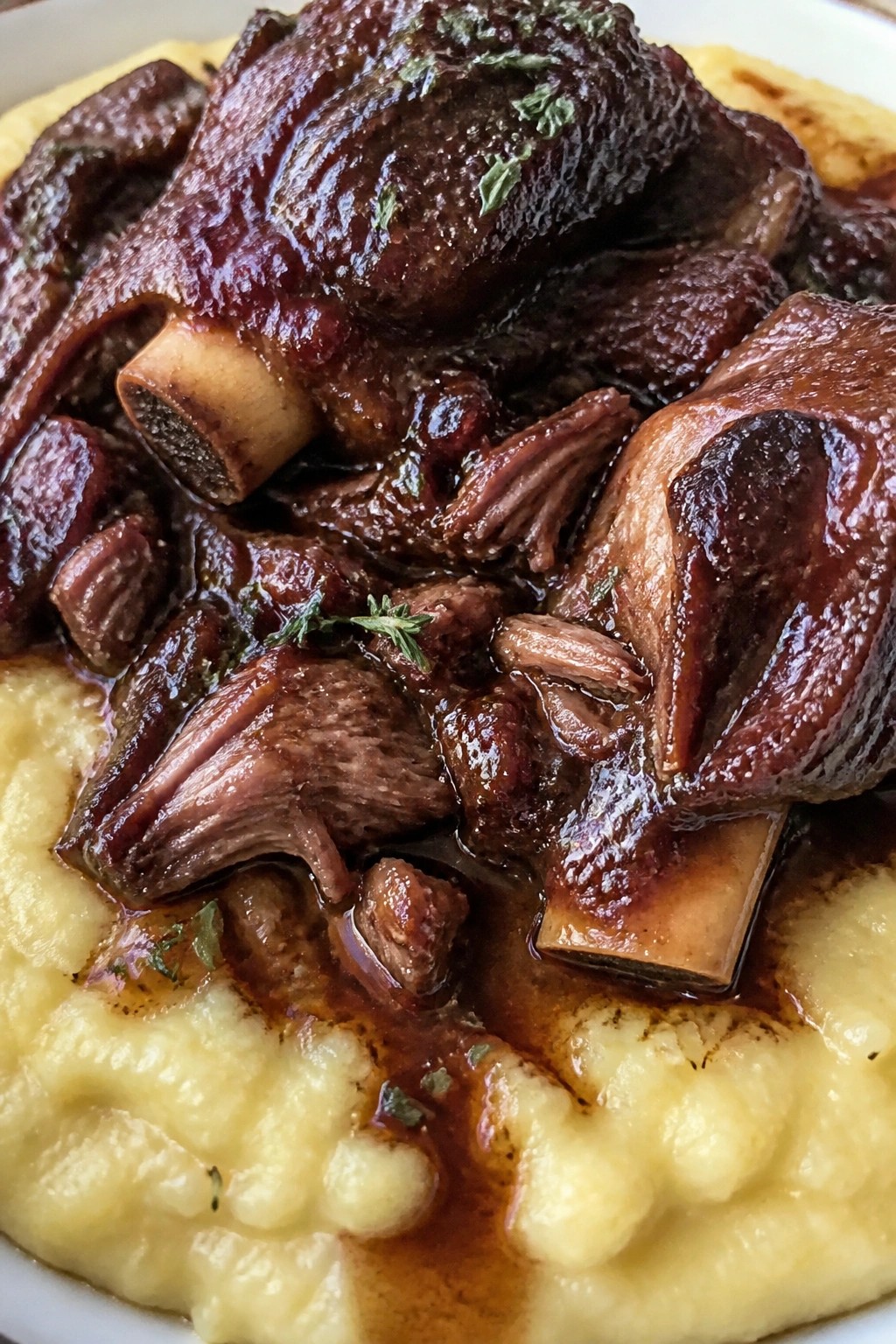 Braised Beef Short Ribs with Red Wine Sauce and Creamy Polenta