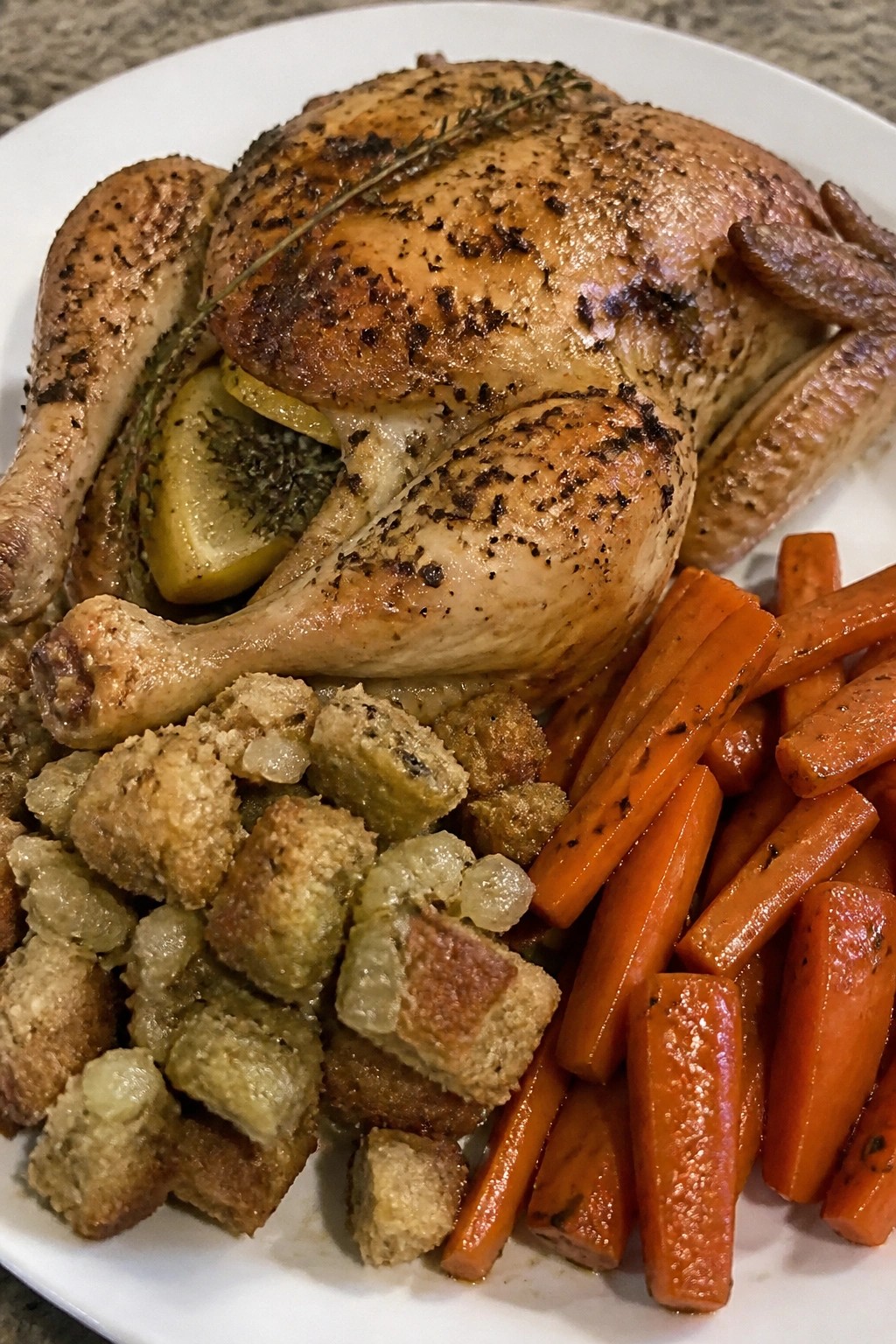 Lemon-Thyme Roasted Whole Chicken with Stuffing and Honey-Glazed Carrots