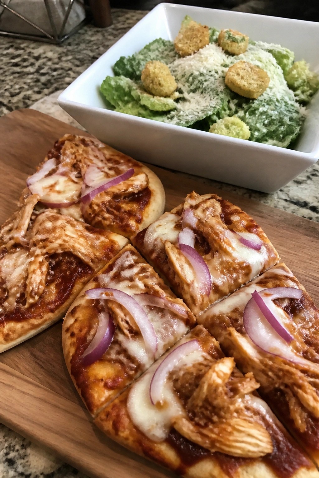 BBQ Chicken Flatbread Pizzas with Side Caesar Salad