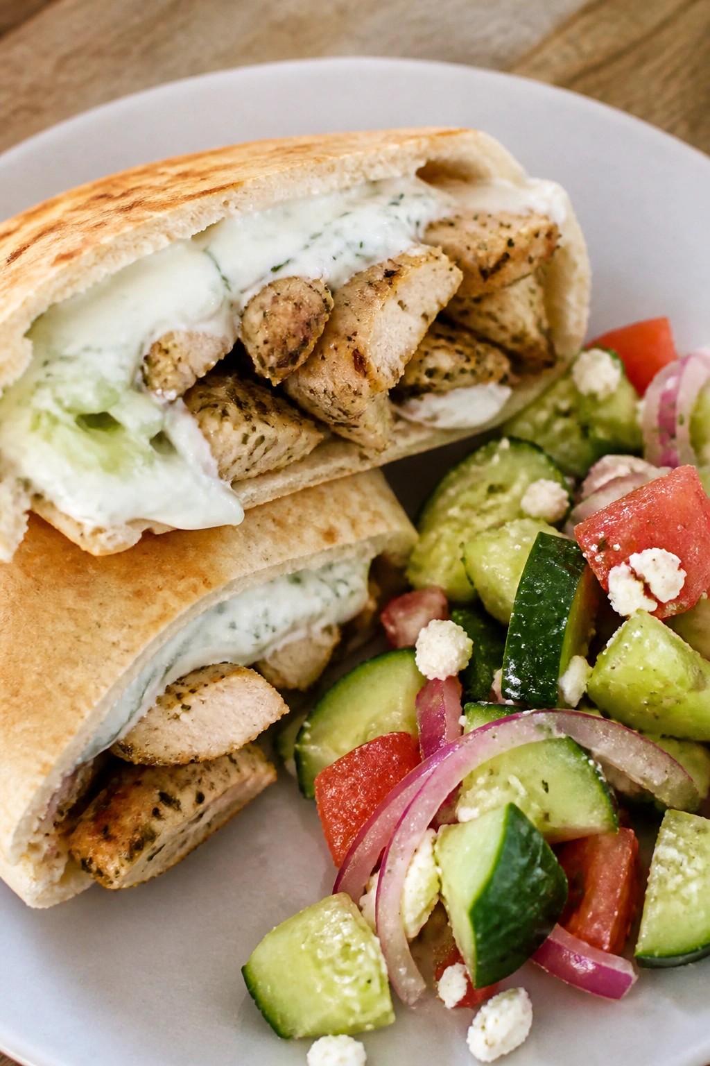 Greek Chicken Pita Wraps with Tzatziki and Cucumber Salad