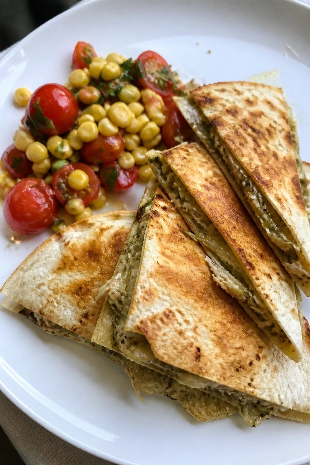 Pesto Chicken Quesadillas with Corn and Tomato Salad