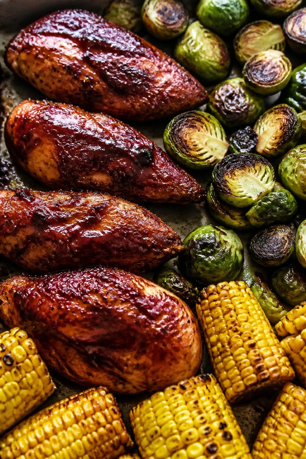BBQ Chicken Breasts with Roasted Corn and Brussels Sprouts