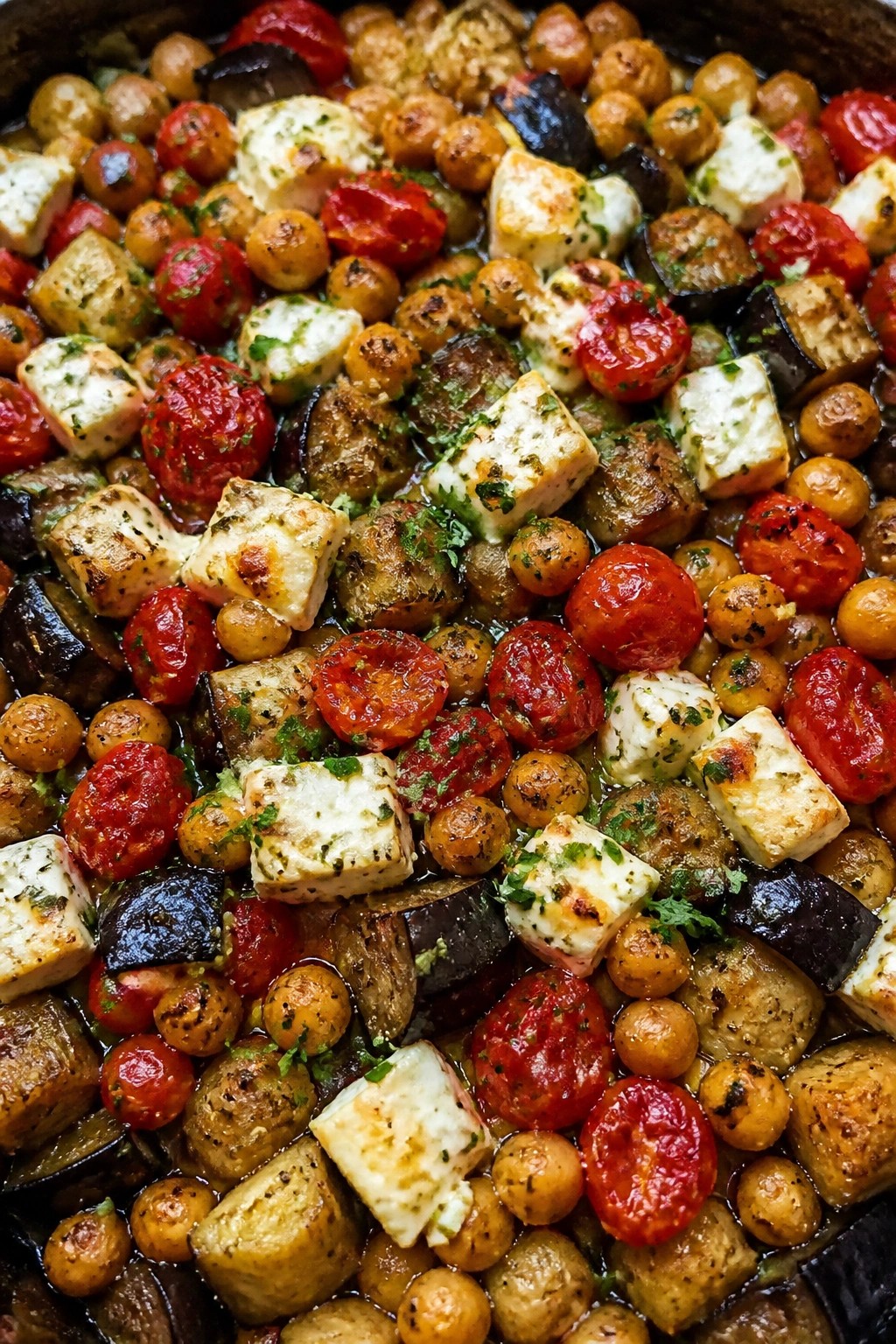 Mediterranean Chickpea Bake with Eggplant Feta and Tomatoes