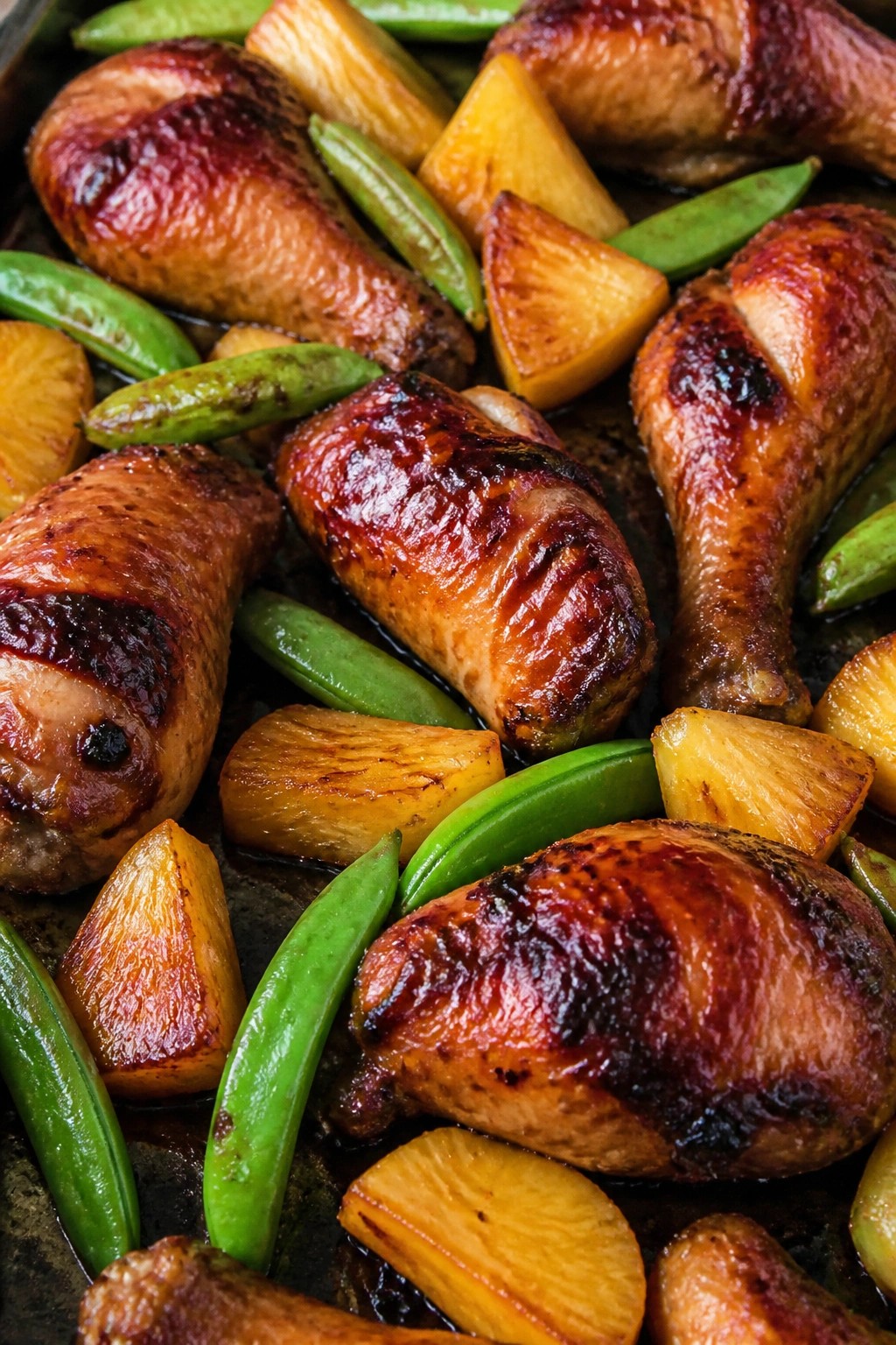 Teriyaki Chicken Drumsticks with Pineapple and Snap Peas