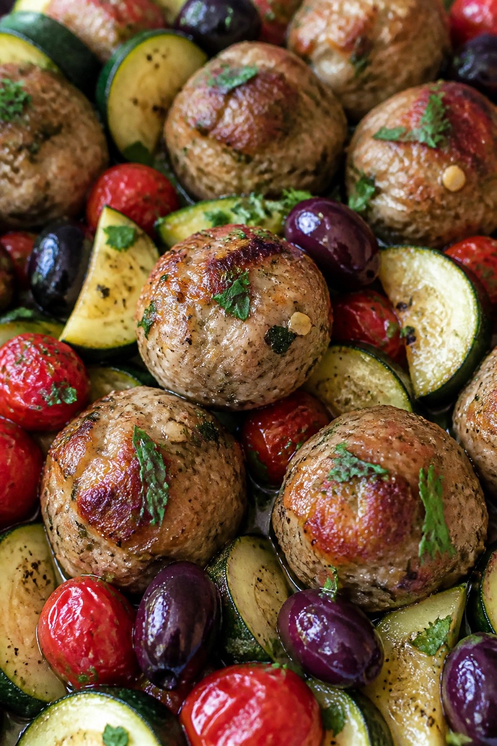 Turkey Meatballs with Zucchini Cherry Tomatoes and Olives