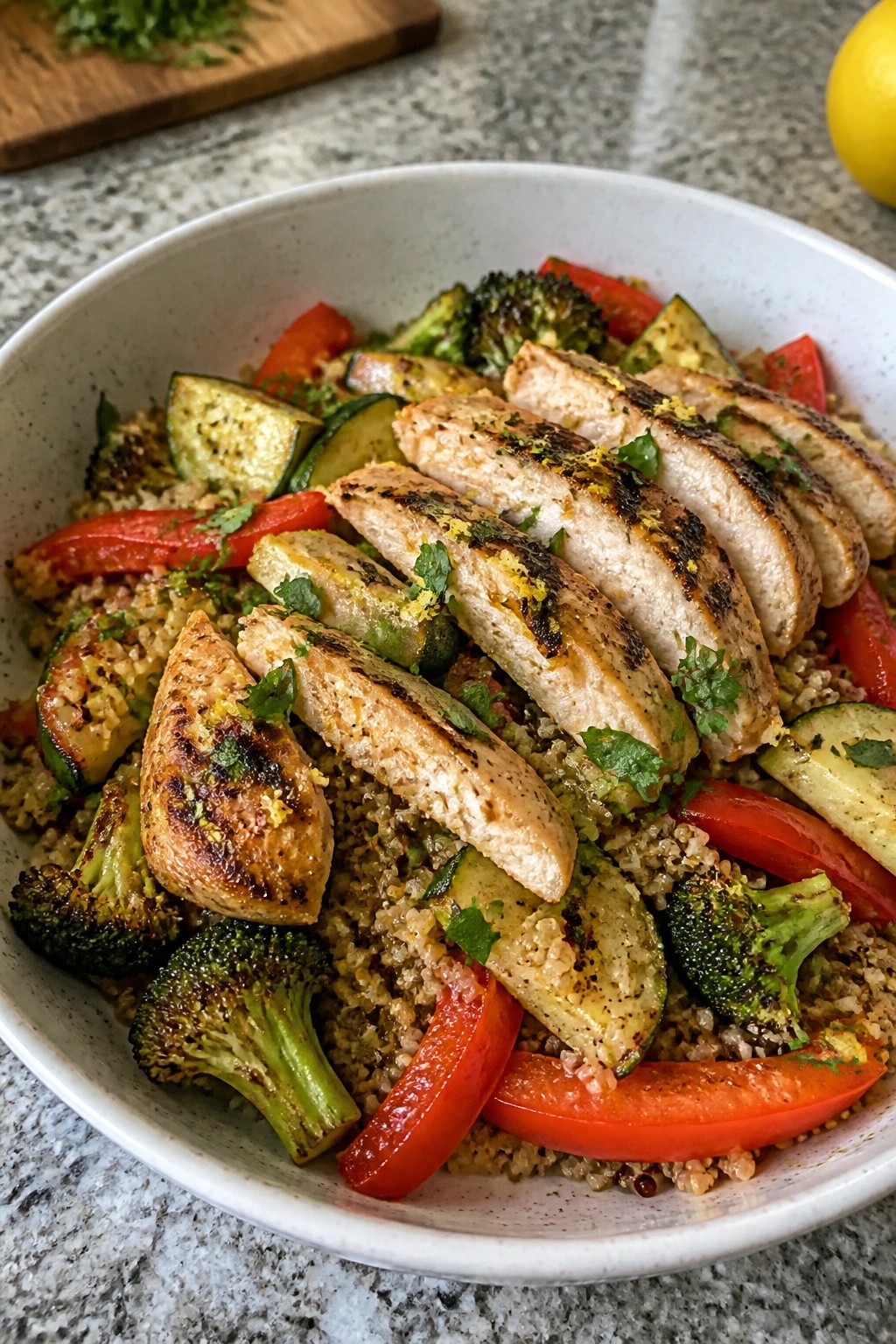 Lemon Garlic Grilled Chicken Quinoa Bowls with Roasted Vegetables
