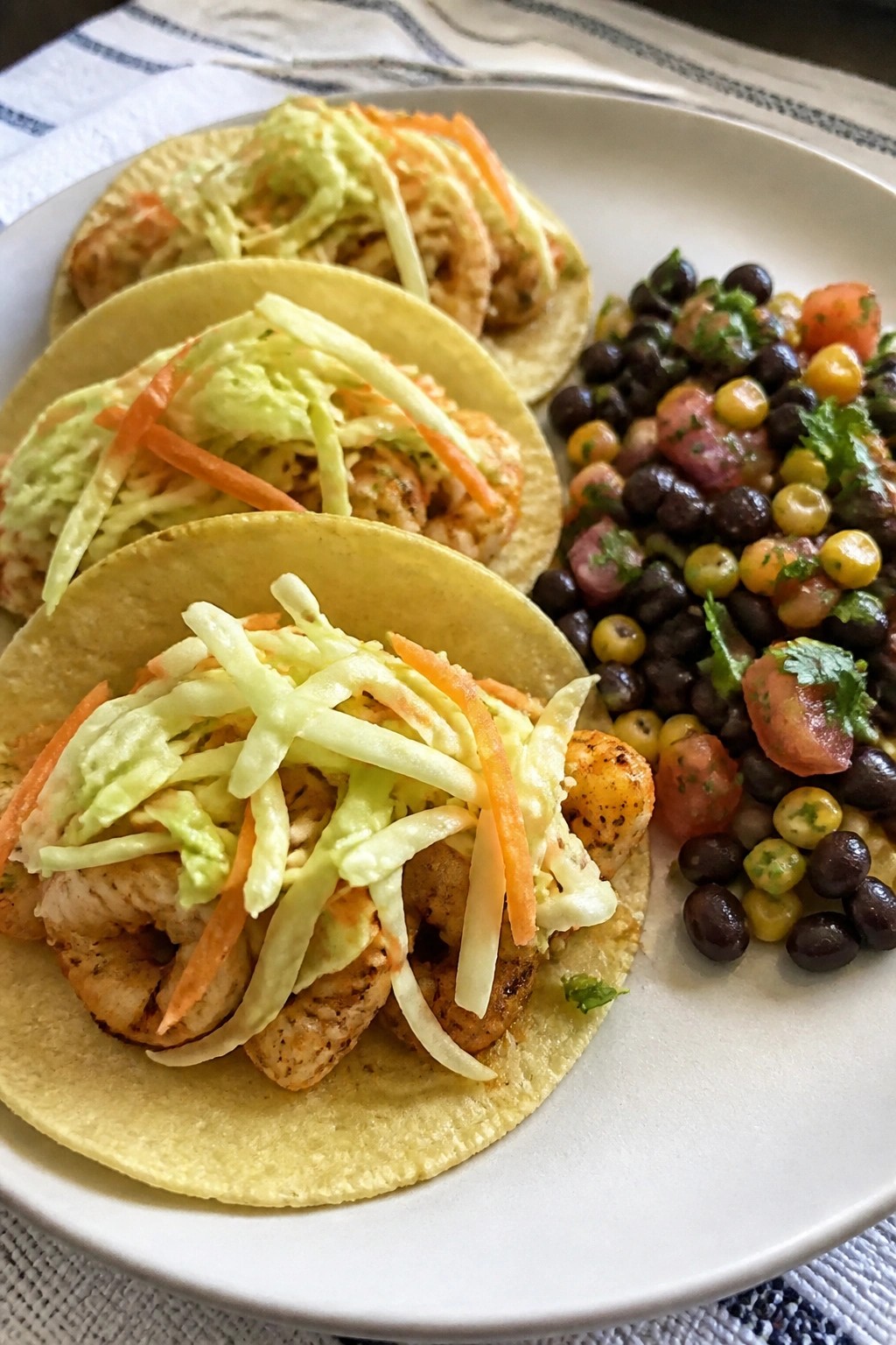 Shrimp Tacos with Cabbage Slaw and Black Bean Salad