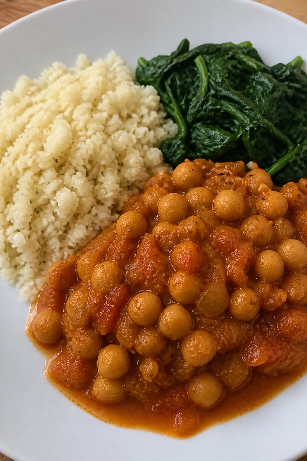 Spiced Chickpea Curry with Cauliflower Rice and Steamed Greens