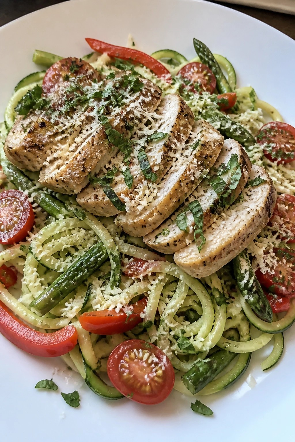 Zucchini Noodle Primavera with Grilled Chicken and Fresh Herbs