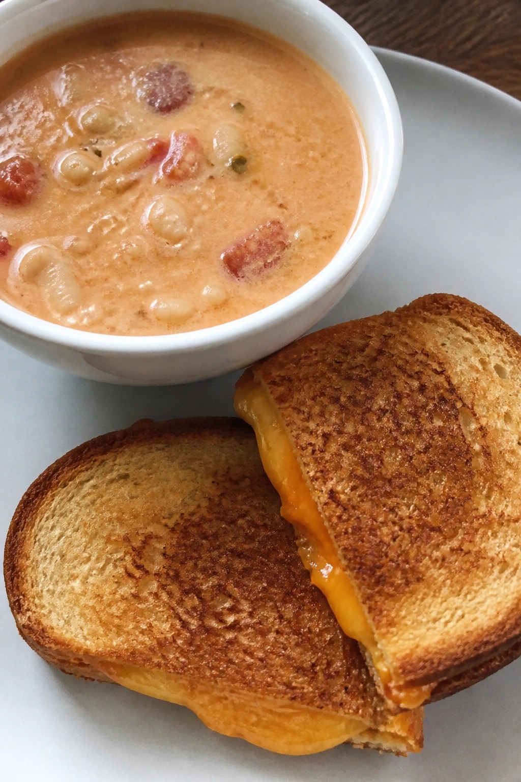 White Bean Tomato Soup with Grilled Cheese