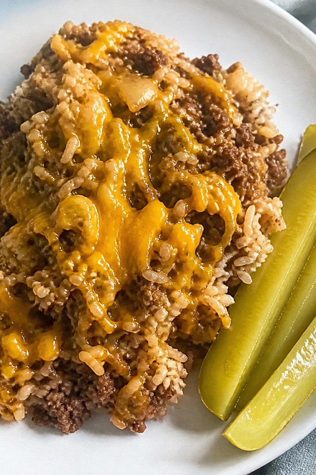 Cheeseburger Rice Skillet with Pickle Spears