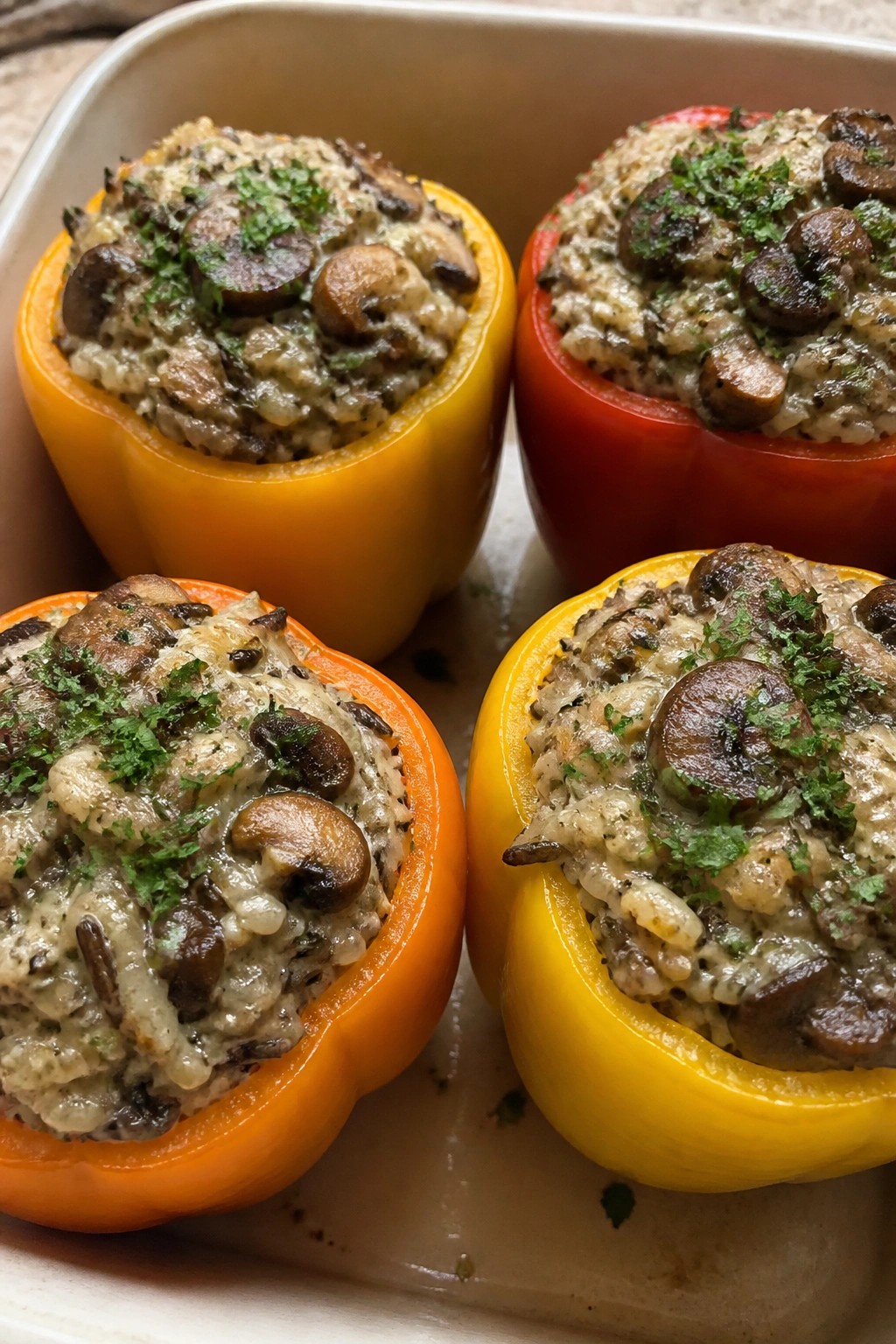 Creamy Mushroom and Wild Rice Stuffed Peppers