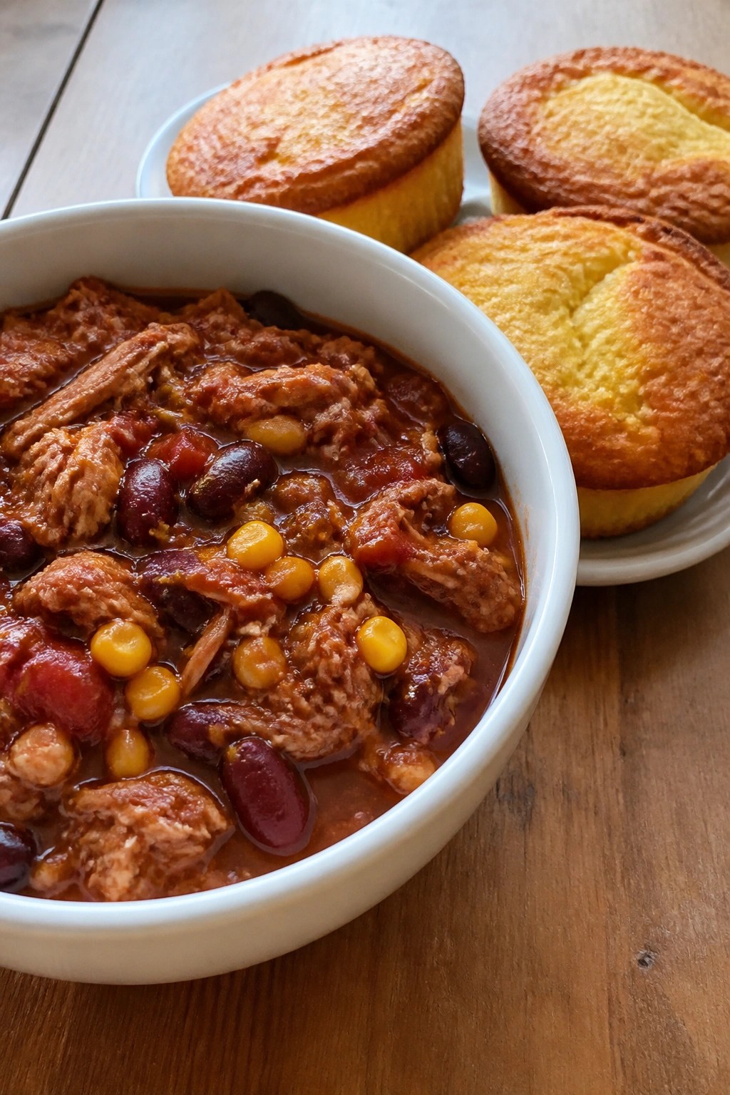 Smoky Pulled Pork Chili with Cornbread Muffins