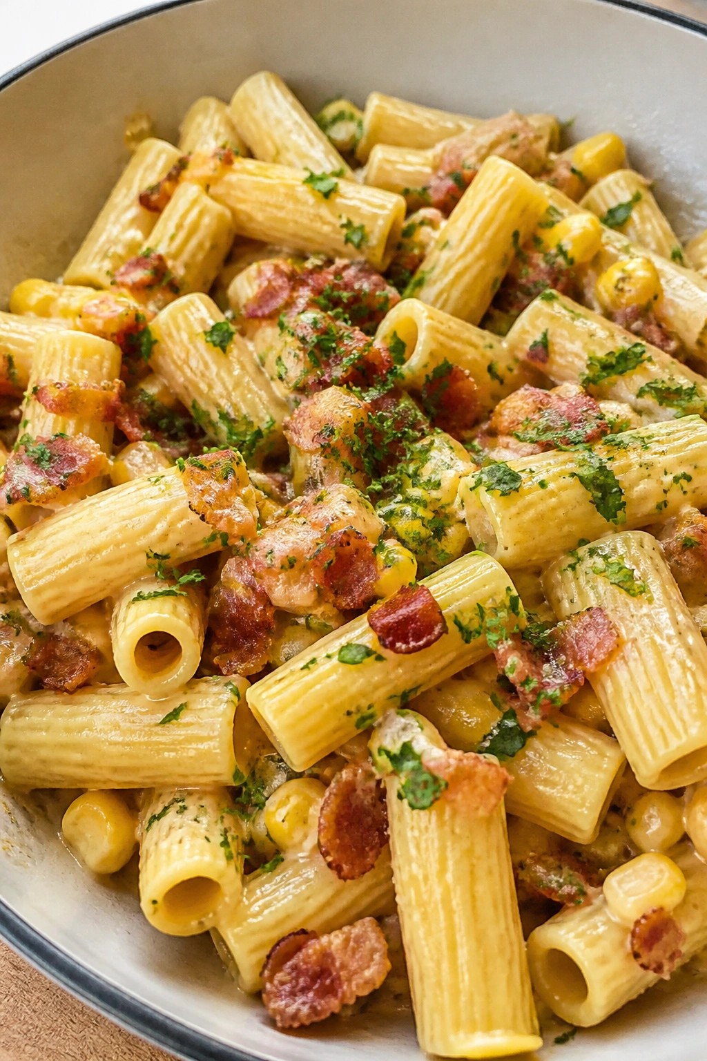 Simple Creamy Bacon and Corn Rigatoni